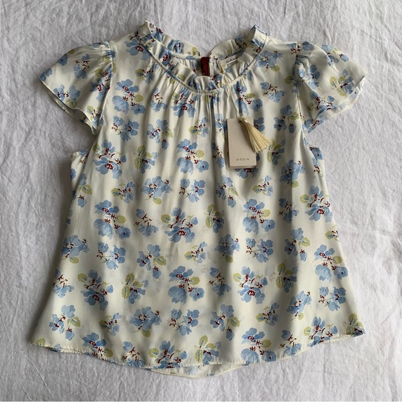 NWT Doen Yvie Silk Ruffle Short Sleeve High Neck Top Bleu Frolicking Floral - Picture 5 of 12